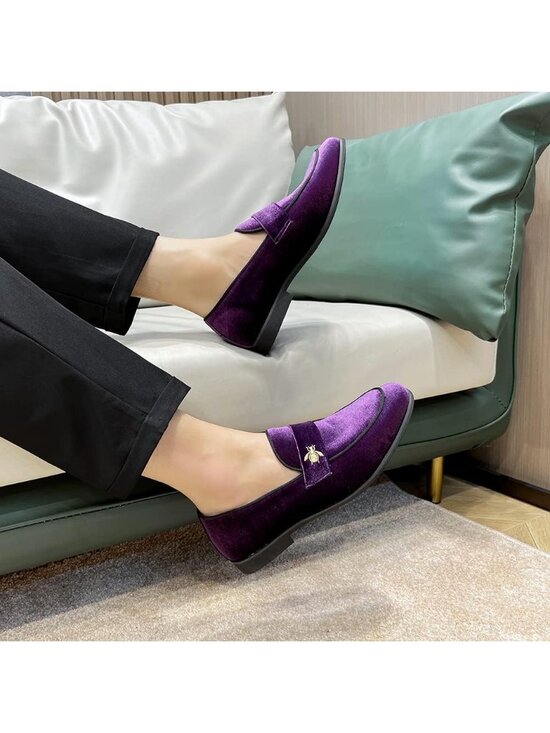 Men\'s Purple Velvet Penny Loafers Metal Buckle Slip On Luxury Suede Formal Shoes main image 5